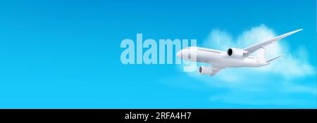 3d white airplane flying on blue sky landscape background with cloud, vector illustration, Realistic banner with blank passenger jet flight, bottom vi Stock Vector