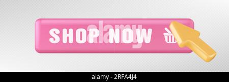 3d click on shop now button in online shop. Web banner for buy and cursor icon. Arrow cursor and button on Internet site isolated on transparent backg Stock Vector