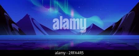 Aurora light in sky mountain sea view background. Night northern vector landscape illustration with abstract borealis gradient scenery for game. Dark Stock Vector