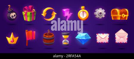 Cartoon vector ui game slot icon set with crown. Gift box, treasure chest, refresh button and lightning energy sign illustration isolated on backgroun Stock Vector