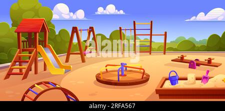 Cartoon public playground in city park. Vector illustration of kindergarden or school yard with wooden swing, carousel, slide, sandbox, colorful ladde Stock Vector