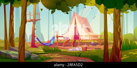 Camp with tent in summer forest. Glamping with bbq grill, hammock and tent on wooden terrace. Woods landscape with picnic site, trees and grass, vecto Stock Vector