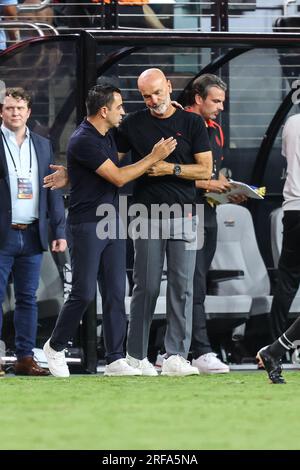 August 1, 2023: FC Barcelona head coach Xavi and Head Coach Stefano Pioli greet each other at the conclusion of the 2023 Soccer Champions Tour featuring FC Barcelona vs AC Milan at Allegiant Stadium on August 1, 2023 in Las Vegas, NV. Christopher Trim/CSM. Stock Photo