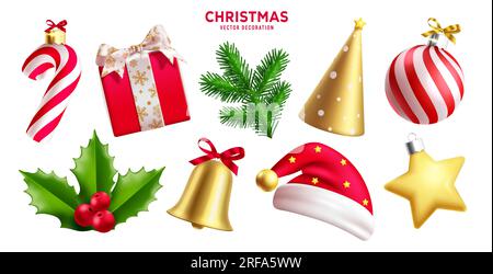 Christmas elements vector set design. Christmas ornaments, objects and elements xmas decoration isolated in white background. Vector illustration Stock Vector
