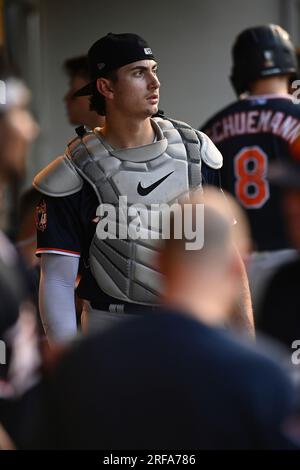 Catcher Tyler Soderstrom (21) of the Las Vegas Aviators in the dugout  during the game against the Oklahoma City Dodgers on June 21, 2023 at  Chickasaw Bricktown Ballpark in Oklahoma City, Oklahoma. (