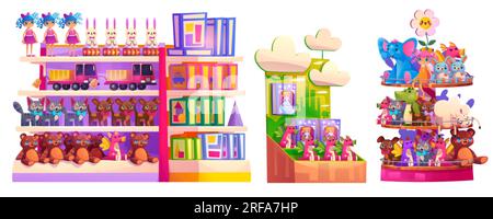 Kid toy shop interior shelf game vector cartoon illustration. Baby gift in store carousel shelves. Happy teddy bear, elephant, car and plush bunny to Stock Vector