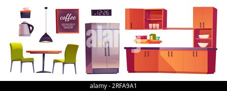 Cartoon set of office kitchen furniture isolated on white background. Vector illustration of fridge, cupboards with snacks, table, chairs, electric ke Stock Vector