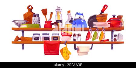 Kitchen shelf with utensil and dish vector set. Kitchenware tool object on hanging shelves interior furniture. Plate, bowl, pan, cutlery and towel acc Stock Vector