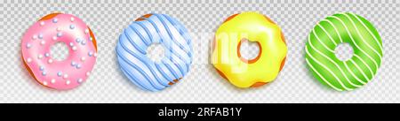 Top view set of realistic donuts isolated on transparent background. Vector illustration of circle sweet snack with colorful icing and topping. Delici Stock Vector