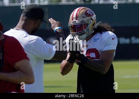 San Francisco 49ers safety Talanoa Hufanga (29) runs onto the field during  an NFL football game against the Arizona Cardinals, Sunday, Jan.8, 2023, in  Santa Clara, Calif. (AP Photo/Scot Tucker Stock Photo 