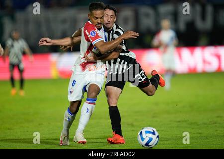 Ivan Piris of Paraguay's Libertad heads the ball during a Copa Libertadores  Group G soccer match against Brazil's Athletico Paranaense at Defensores  del Chaco stadium in Asuncion, Paraguay, Thursday, May 4, 2023. (