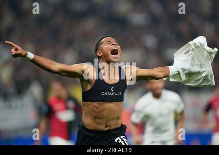 Wesley Gassova of Brazil's Corinthians celebrates scoring his side's 2nd  goal against Argentina's Newell's Old Boys during a Copa Sudamericana round  of 16 first leg soccer match at the Neo Quimica Arena,