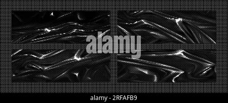 Black plastic wrap overlay set. Vector realistic illustration of polyethylene wrapping texture, stretch film background with wrinkled surface, celloph Stock Vector