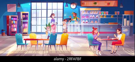 School canteen. Kids lunch, eating cafeteria room with friends. Studen By  Microvector