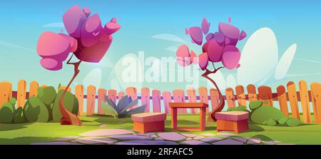 Backyard garden with table, cherry tree and chair. House back yard with furniture for outdoor summer picnic background game illustration. Empty lawn n Stock Vector