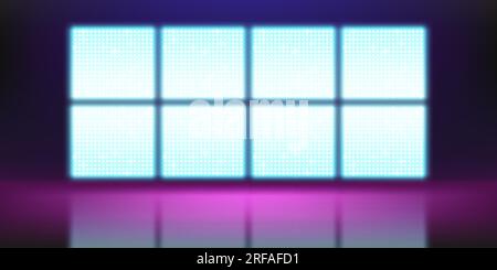 Defocused realistic LED screen on stage. Vector illustration of large LCD display grid with glowing blue and white dot lights. Concert hall background Stock Vector