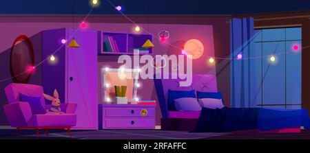 Night teen bedroom with neon light vector cartoon illustration. Girl ...