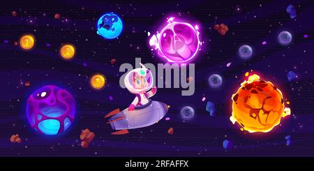 Level map with kid astronaut on rocket in space background illustration. progress bar with boy child character on spaceship explore outer cosmos ui sc Stock Vector