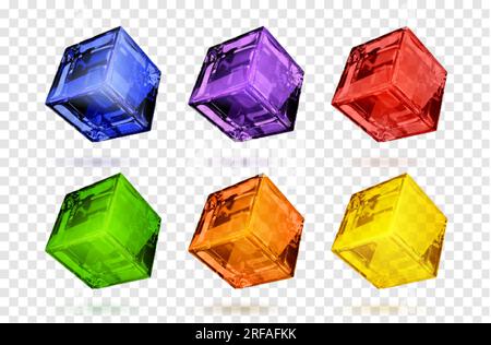 3d color glass cube box vector graphic design set. Glossy crystal square block in blue, red, orange and purple design. Abstract cool clear shiny geome Stock Vector