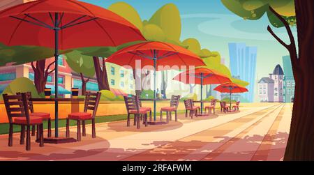 Outdoor street cafe in summer park area cartoon illustration. Outside restaurant area with table, chair and umbrella exterior with city building lands Stock Vector