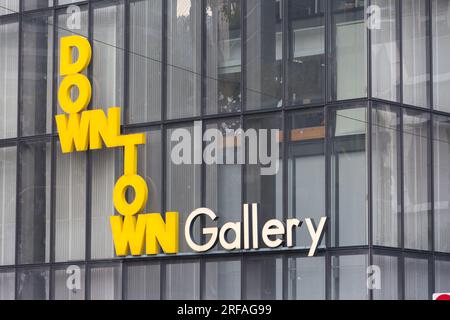 Close-up view of Downtown Gallery signage. A venue for leisure and retail experience according to their website. Stock Photo