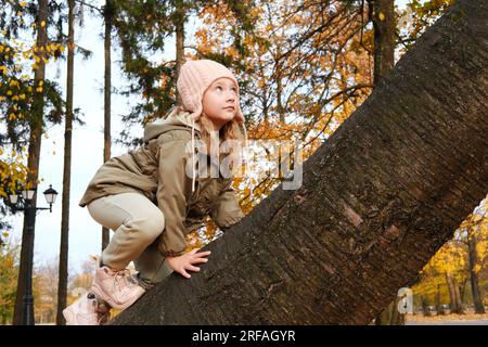 Girl child climbs up a tree in autumn park. Horizontal photo Stock Photo