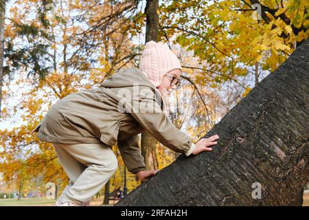 Girl child in glasses, a pink hat and an autumn jacket climbs up a tree in an autumn park. Horizontal photo Stock Photo