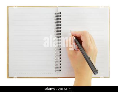 Female hand with a pen, and an open notebook isolated on white background, Stock Photo