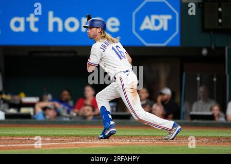 Texas Rangers' Travis Jankowski follows through on his RBI double