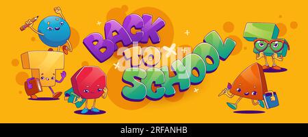 Back to school horizontal banner with cartoon character of happy and fun geometric shapes and letters with positive emotions. Vector illustration of educational poster with abstract students. Stock Vector
