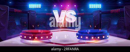 Versus concept - red and blue podiums on boxing ring with VS sign. Cartoon vector illustration of two stands of sport confrontation and competition. Horizontal background - game battle banner. Stock Vector