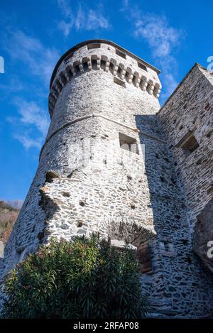 Italy; Vogogna; Europe. Panorama of the medieval castle. Fortification to defend the valley between sky and mountains, historical, ancient constructio Stock Photo
