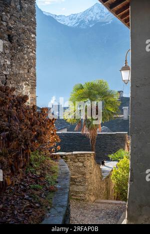 Italy; Vogogna; Europe. Panorama of the medieval castle. Fortification to defend the valley between sky and mountains, historical, ancient constructio Stock Photo