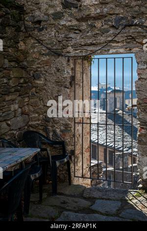 Italy; Vogogna; Europe. Panorama of the medieval castle. Fortification to defend the valley between sky and mountains, historical, ancient constructio Stock Photo