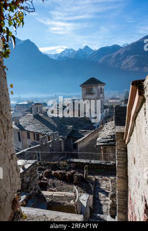 Italy; Vogogna; Europe. Panorama of the medieval castle. Fortification to defend the valley between sky and mountains, historical, ancient constructio Stock Photo