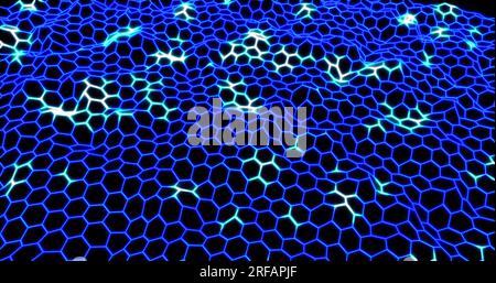 abstract background from waves of hexagons from stripes and lines of bright blue beautiful magical energetic glowing neon. Abstract background. Stock Photo