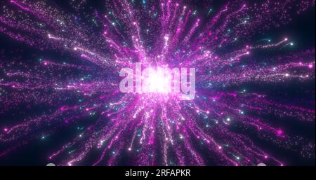 Abstract glowing energy explosion whirlwind firework from purple lines and magic particles abstract background. Stock Photo