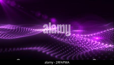 Abstract purple glowing waves from particles and dots energy magical futuristic hi-tech, abstract background. Stock Photo