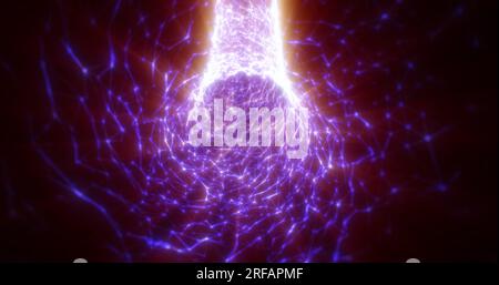 Abstract tunnel purple blue futuristic of triangles and dots of particles of shiny hi-tech beautiful with the effect of glow and blur background. Stock Photo