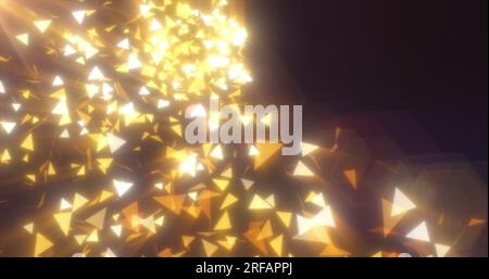 Abstract flying small yellow luminous bright glass triangles particles fragments shiny energetic magical on a dark background. Abstract background. Stock Photo