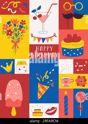 Happy Birthday card. Colorful poster with bright decorative elements. Poppers, flowers, cocktail, sweets. Flat cartoon vector illustration on color ba Stock Vector