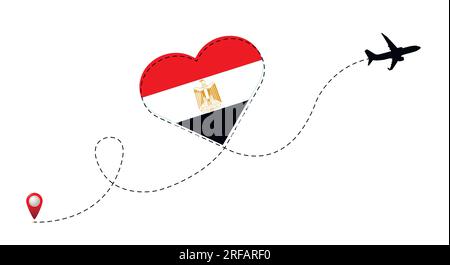 Airplane flight route with Egypt flag inside the heart. Stock Vector