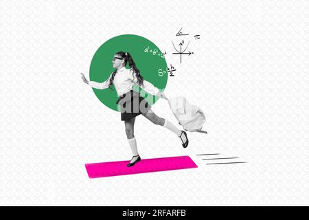 Collage banner composition of funny schoolgirl carry backpack nerd solving math tasks formula algebra isolated on white smile background Stock Photo