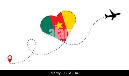 Airplane flight route with Cameroon flag inside the heart. Stock Vector