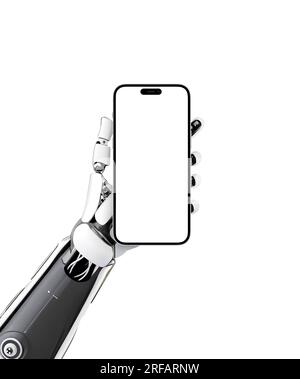 The robotic hand hold smart phone with isolated screen for mockup, app presentation. Artificial intelligence, cybernetics, tecnology concept Stock Photo