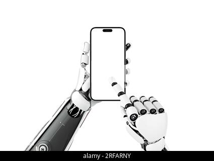 Robot holding smart phone and touch isolated display for mockup, app presentation. First person view. Isolated background Stock Photo