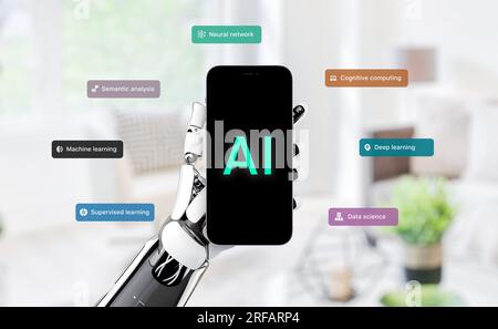 Artificial intelligence concept of smart phone with AI text on screen in robot hand surrounded by artificial intelligence terms Stock Photo
