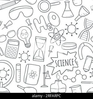 Ink hand drawn science seamless pattern. Chemistry, biologists and physics background. Print concept scientific research, experiments and study Stock Vector