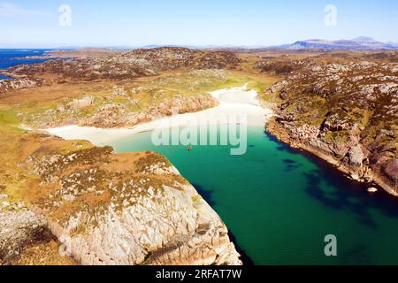 Aerial view from drone of the beautiful sandy beaches of Balfour's Bay on Erraid Stock Photo