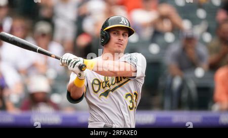 Oakland Athletics left fielder JJ Bleday (33) in the first inning of a  baseball game Saturday, July 29, 2023, in Denver.(AP Photo/David Zalubowski  Stock Photo - Alamy